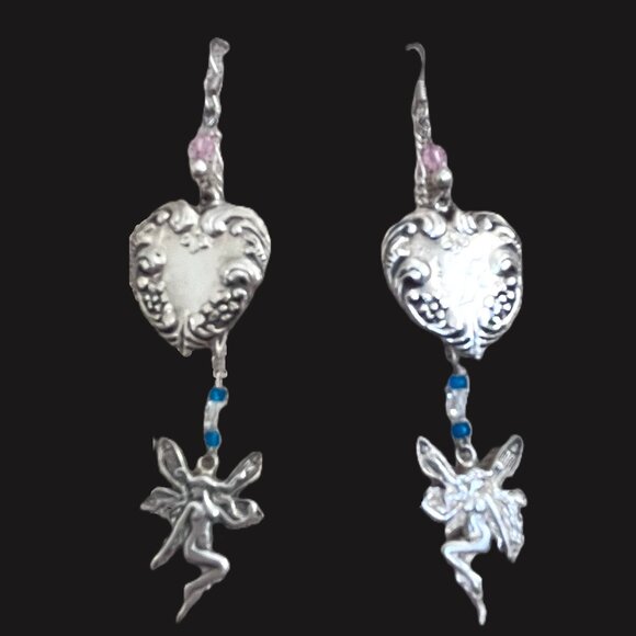 Vintage Sterling Silver Fairy Heart Dangle Earrings 925 Spring Whimsical Gift - Picture 5 of 11